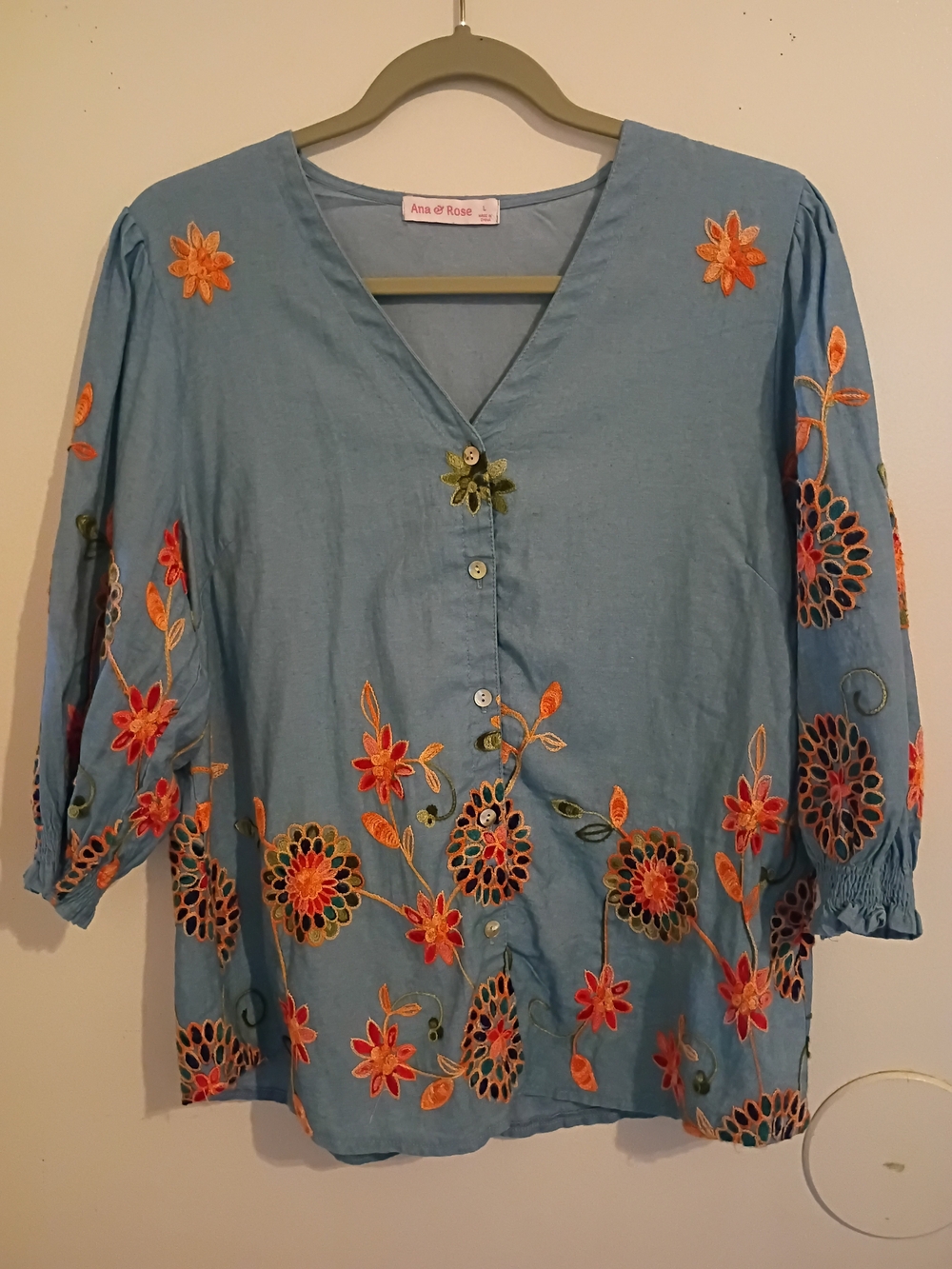 Ana & Rose Light Blue Embroidered V-Neck Tunic Sz L